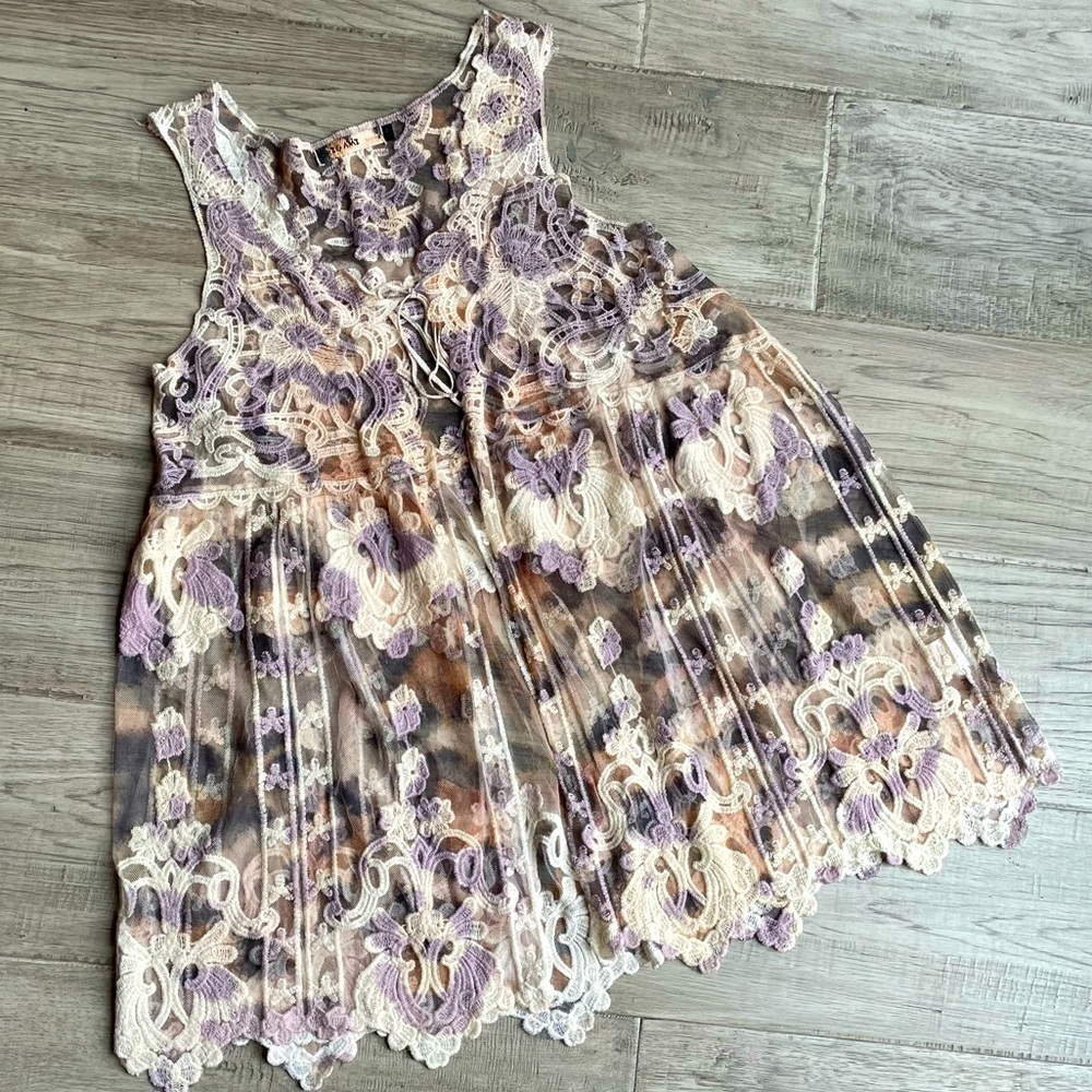Origami Apparel Boho Lace Tie Dye Open Front Vest Sheer Cream/Purple/Orange S/M